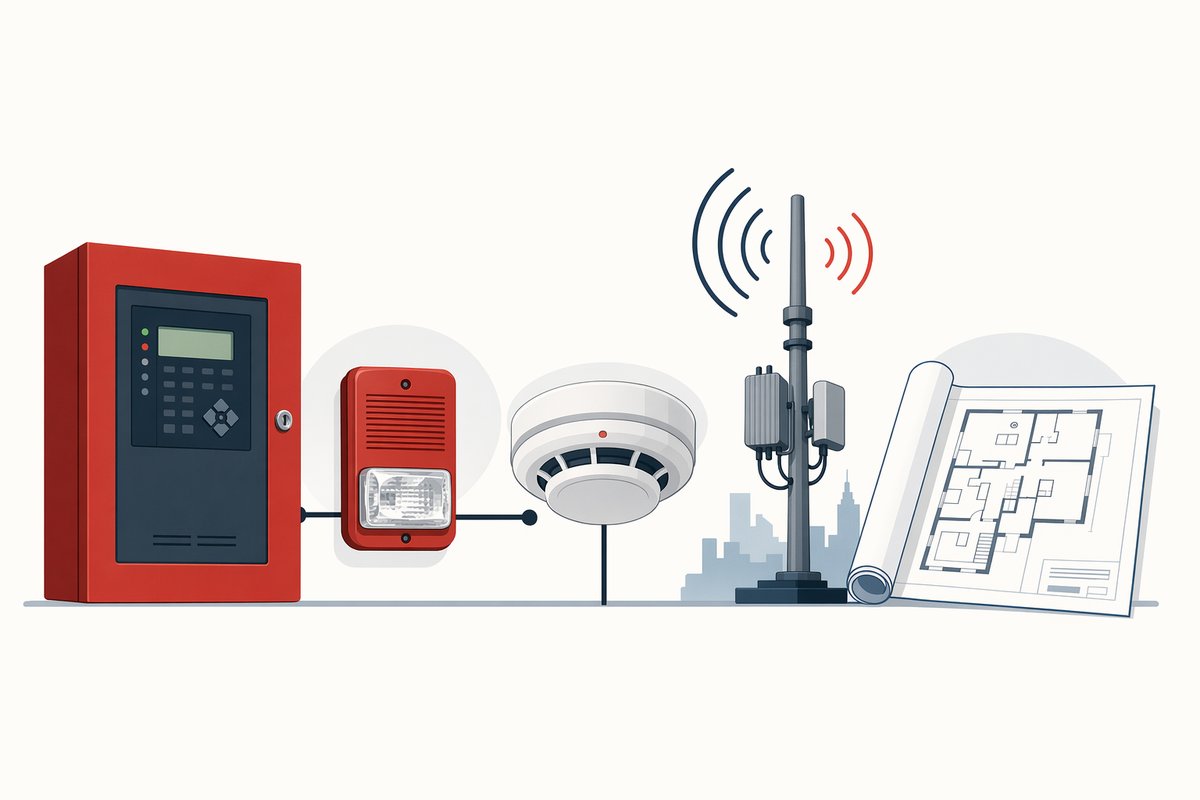 Illustration of fire and life safety systems: fire alarm control panel, horn/strobe, smoke detector, ERCES/BDA antenna, and floor plans